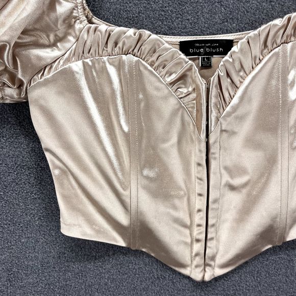 Blue Blush Top womens Large Satin corset Beige Crop Puff short Sleeve sweetheart - Picture 5 of 13